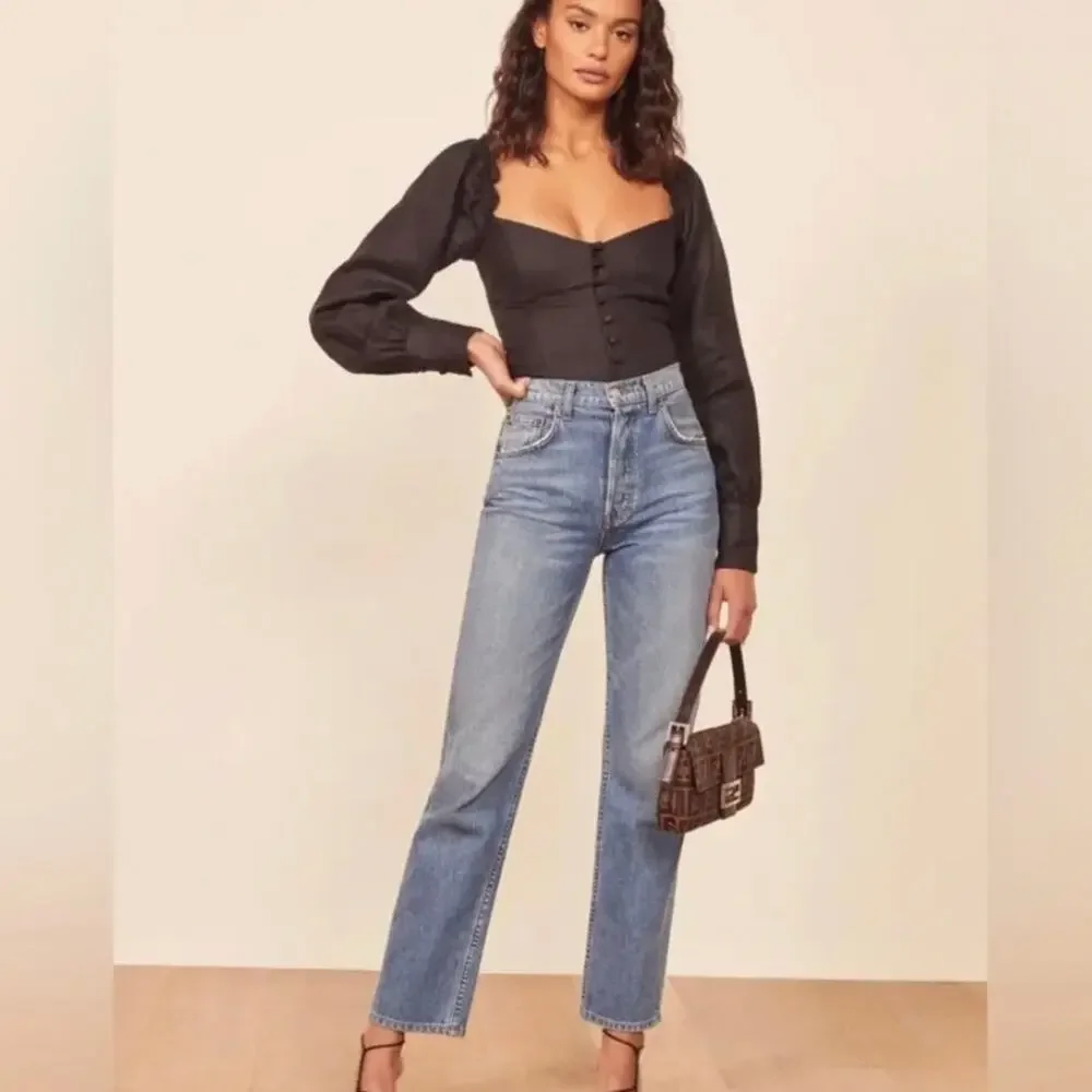 Reformation Hogan Long Sleeve Linen Top Black Size XS / 0